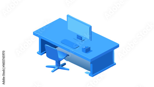 Isometric office desk setup with computer and chair for workspace and study room render illustration