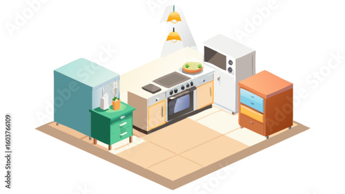 Isometric kitchen design illustration with refrigerator oven microwave and cabinets for interior design ideas