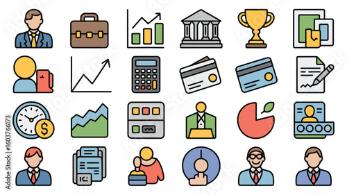 Colorful Business Icons Set Financial Growth Success Management Strategy Planning Teamwork Chart Graph Credit Card Calculator Briefcase Trophy