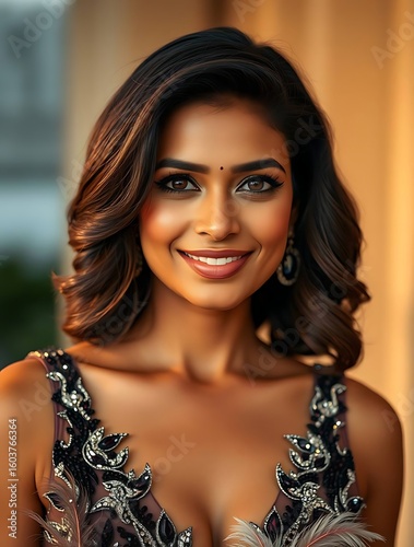Graceful woman with wavy shoulder-length hair and a warm complexion, radiating natural beauty, confidence, and elegance in a soft, contemporary portrait style