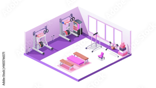 Isometric gym interior design with workout equipment for fitness training and exercise illustration vector