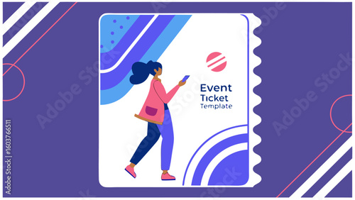 Modern event ticket template featuring a person using a smartphone with abstract geometric background elements and branding space
