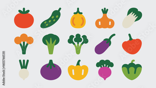 Colorful Flat Vegetable Icons Collection Tomato Cucumber Broccoli Onion Eggplant Pepper Radish Bok Choy Purple Onion Yellow Pepper