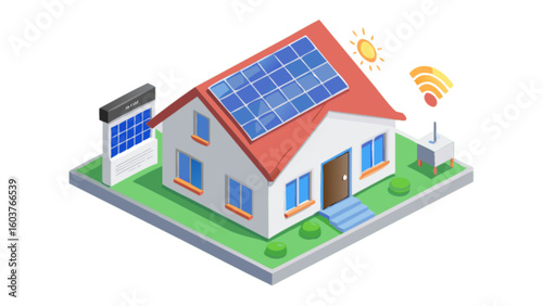 Isometric house with solar panel installation for renewable energy and smart home technology concept