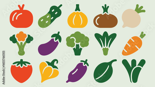 Colorful Flat Vegetable Icons Collection Tomato Cucumber Pumpkin Turnip Broccoli Eggplant Carrot Strawberry Pepper