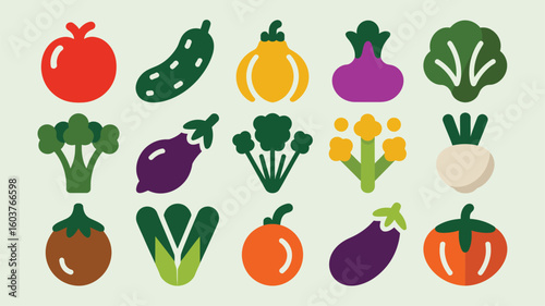Colorful Flat Vegetable Icons Collection Tomatoes Eggplants Broccoli Bok Choy Turnips Cucumbers Celery Purple Onions Graphic Design Elements