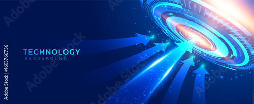 Dynamic futuristic technology background with glowing arrow pointing up on dark blue background, conveys growth and innovation, concept, success, banner, website, cover