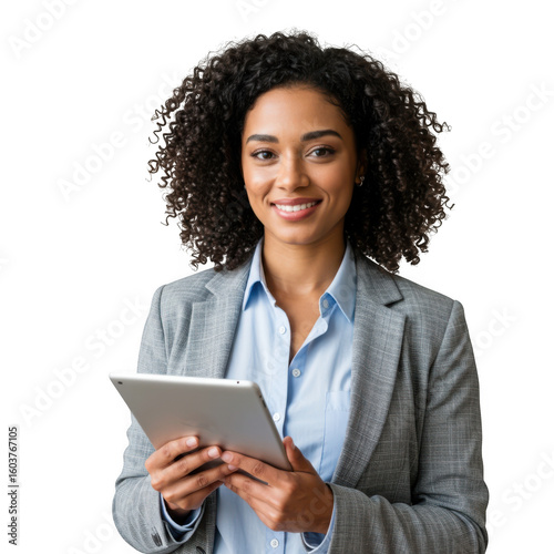 Wallpaper Mural Smiling professional woman with curly hair holding a tablet computer looking directly at the camera isolated on transparent background Torontodigital.ca