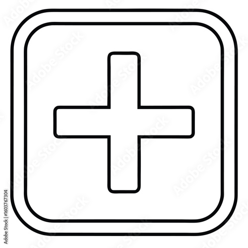 Simple black and white outline of a plus sign centered within a rounded square icon