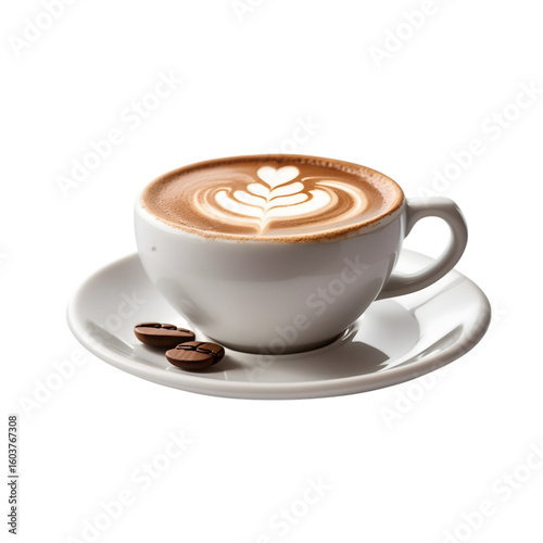 Studio shot of latte art in white cup, saucer, coffee beans; warm, inviting mood.