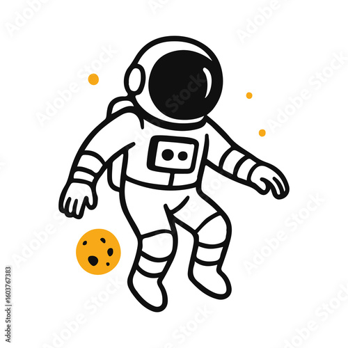 Minimal vector illustration of an astronaut floating in zero gravity. Line art style with yellow planets and dots. A concept of spacewalk, cosmic adventure, and scientific exploration