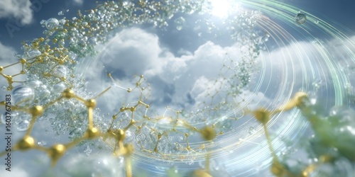 A detailed view of molecular structure with clouds and water droplets in the background and sunlight