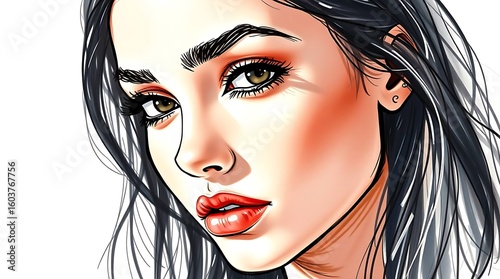 Color sketchnote-style hand-drawn sketch of a beautiful exotic young woman, combining expressive lines, vibrant tones, and artistic charm in a creative visual composition