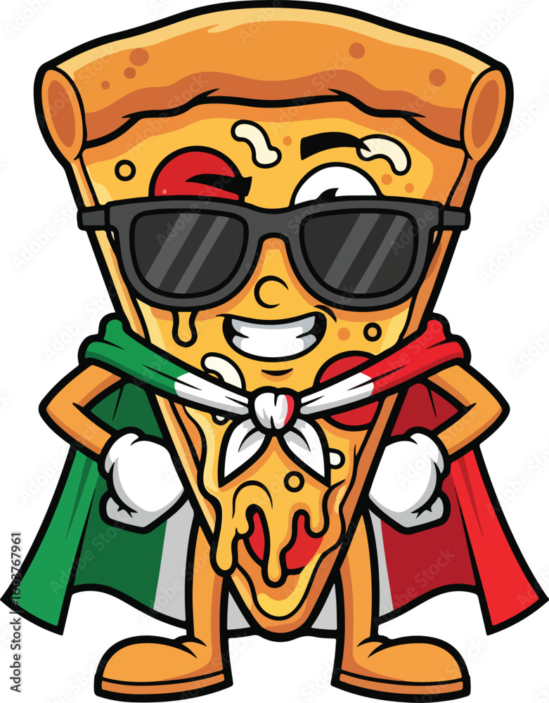 Fototapeta premium Slice of pizza. The pizza slice is wearing sunglasses and a superhero cape. Transparent png vector 