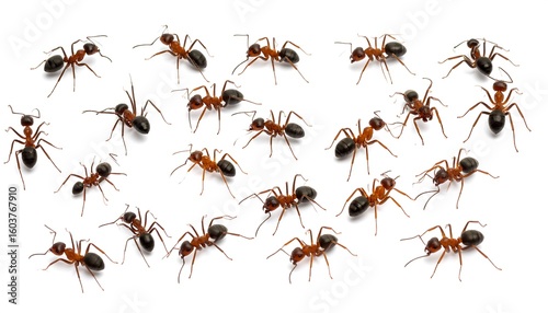 Ants in various positions on a white background