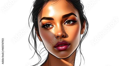 Color sketchnote-style hand-drawn sketch of a beautiful exotic young woman, combining expressive lines, vibrant tones, and artistic charm in a creative visual composition