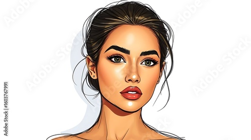 Color sketchnote-style hand-drawn sketch of a beautiful exotic young woman, combining expressive lines, vibrant tones, and artistic charm in a creative visual composition