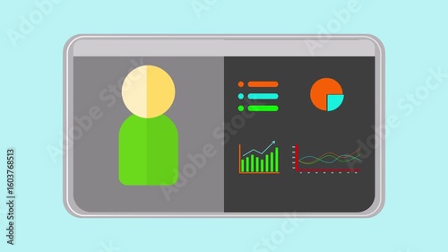 Animated digital tablet interface showing user profile, charts, graphs, and analytics in flat modern style