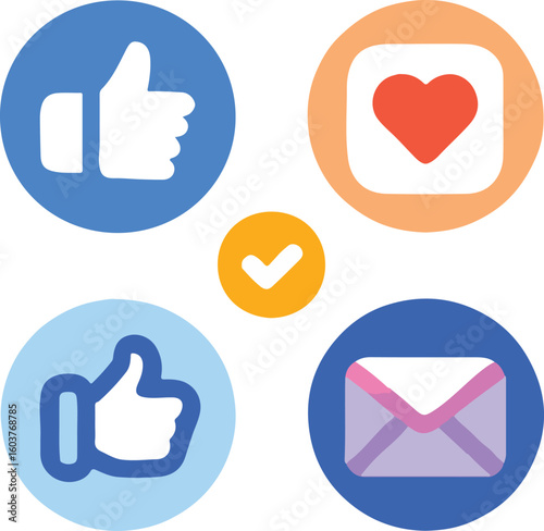  Social Media Engagement and Notification Icons: Likes, Love, Messages, Checkmark