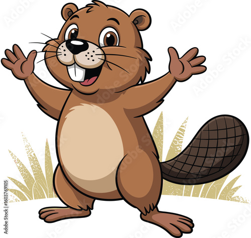 Cute cartoon beaver character smiling, standing happily with open arms, adorable wild animal illustration for children’s book, education and animation