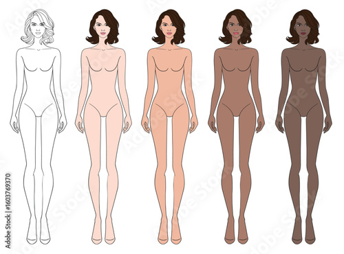 Colored skin tones fashion croquis figurines with curly short hair woman in vector.
