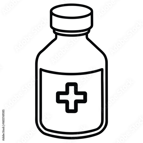 Simple line art illustration of a medical bottle with a red cross symbol indicating health and medicine