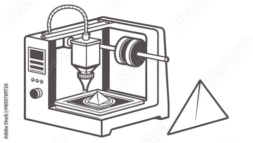 3D Printing Illustration: Modern Vector Image of a 3D Printer and Geometric Shape in Minimalist Style
