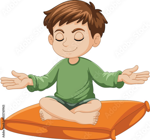 Cute little boy meditating peacefully sitting cross legged on soft orange cushion with eyes closed in yoga pose for calmness