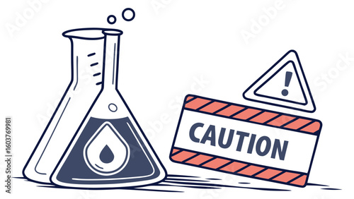 Chemical hazard illustration: Cautionary vector art of laboratory flask and warning sign for safety
