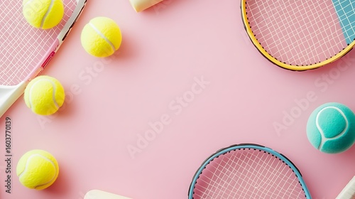 overhead view of tennis objects on soft pink gym background with pastel harmony