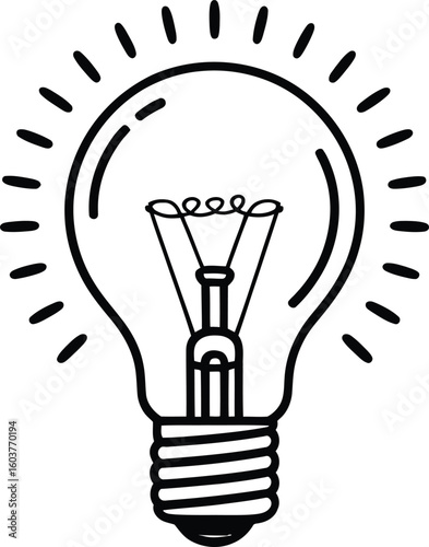 Simple hand drawn illustration of a glowing light bulb with radiating lines