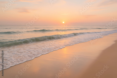 Calm seashore with gentle waves and sunset reflections on wet sand, realistic horizontal landscape photo of natural coastal scene