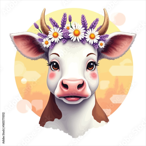 Vector art of a cute cartoon cow with a flower crown