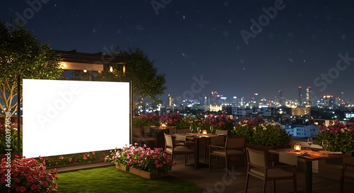 Rooftop restaurant terrace at night with city skyline and blank screen