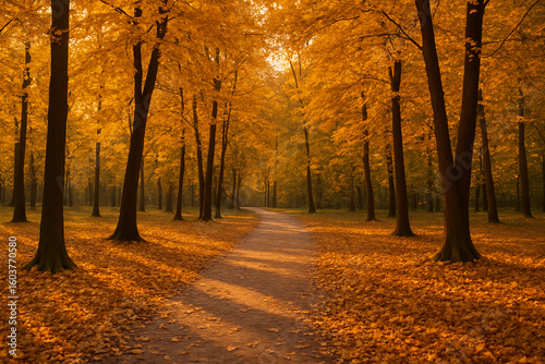 Fototapeta Naklejka Na Ścianę i Meble -  Autumn forest path with fallen golden leaves and soft light, realistic horizontal nature scene with peaceful warm colors