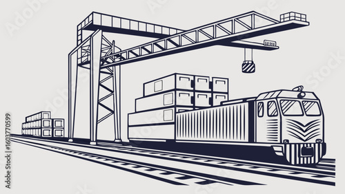 Freight Train Shipping Logistics Illustration with Crane and Containers Delivery Transport