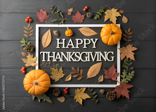 happy thanksgiving day text in square shape frame and pumpkins and leaves on black wooden background