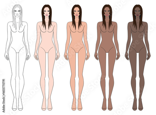 Colored skin tones fashion croquis figurines with long hair woman in vector.