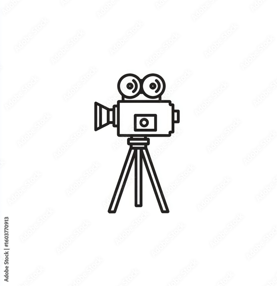 Obraz premium Simple, black outline of a vintage movie camera on a tripod