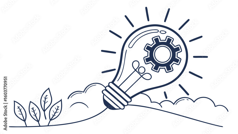 Obraz premium Innovative Idea Generation Illustration: Gear-Shaped Light Bulb and Conceptual Design
