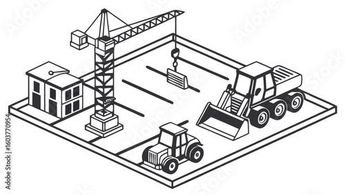Isometric Construction Site Illustration: Vector Graphic of Building Equipment and Crane
