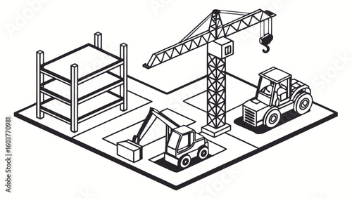 Isometric Construction Vector: Minimalist Black and White Building Site Illustration