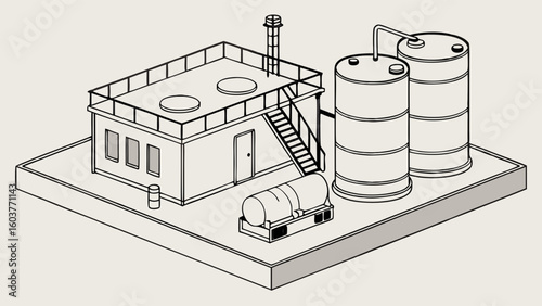 Isometric Industrial Facility Illustration with Tanks and Building Monochrome Vector Graphic Art