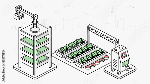 Isometric Urban Farming Illustration: Futuristic Agriculture and Smart Technology for Sustainable Food Production in Cityscapes
