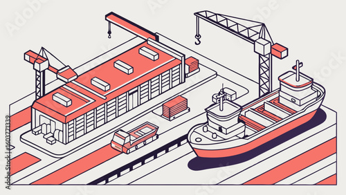 Isometric Shipping Terminal Vector Graphic Featuring Crane Ship and Buildings Illustration Design