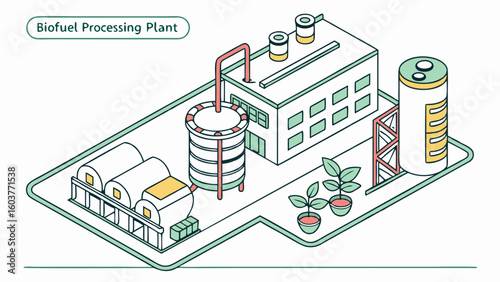 Isometric Vector Illustration of Biofuel Processing Plant Factory for Renewable Energy Production