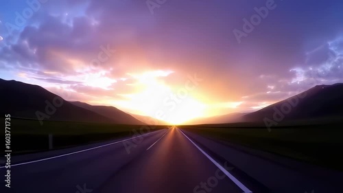 Scenic Highway Drive at Majestic Sunrise, Journey on Open Road through Mountains