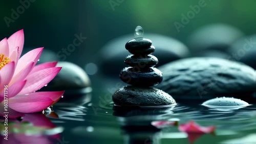 Zen Harmony: Pink Lotus Flower with Balancing Stones in Serene Water Garden Scene