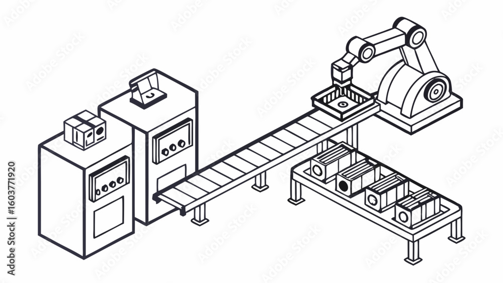 Naklejka premium Line art industrial assembly line with robotic arm and product packaging vector image