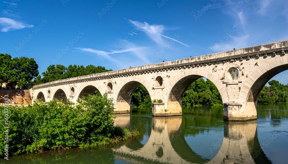 Fototapeta premium Ancient stone bridge over a calm river under a partly cloudy sky